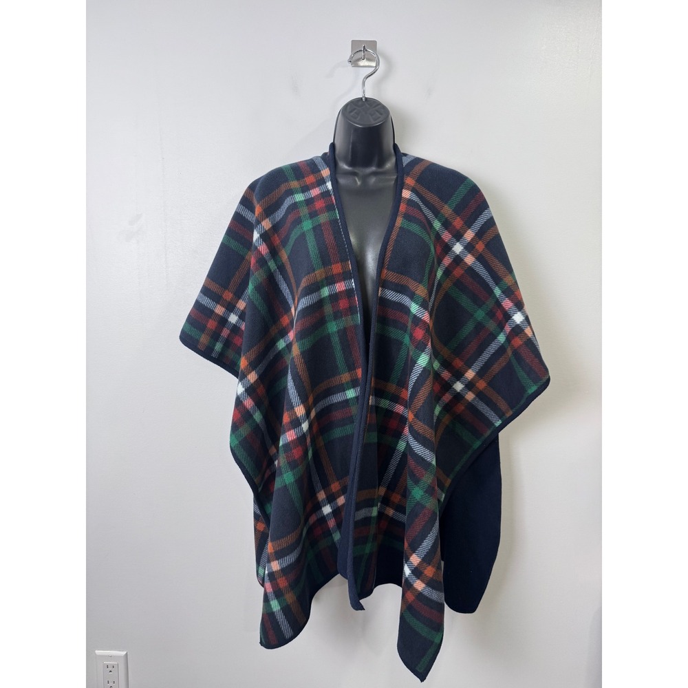Tuckernuck Women Navy Blue Plaid Shawl Wrap Cape Fleece Tartan OS